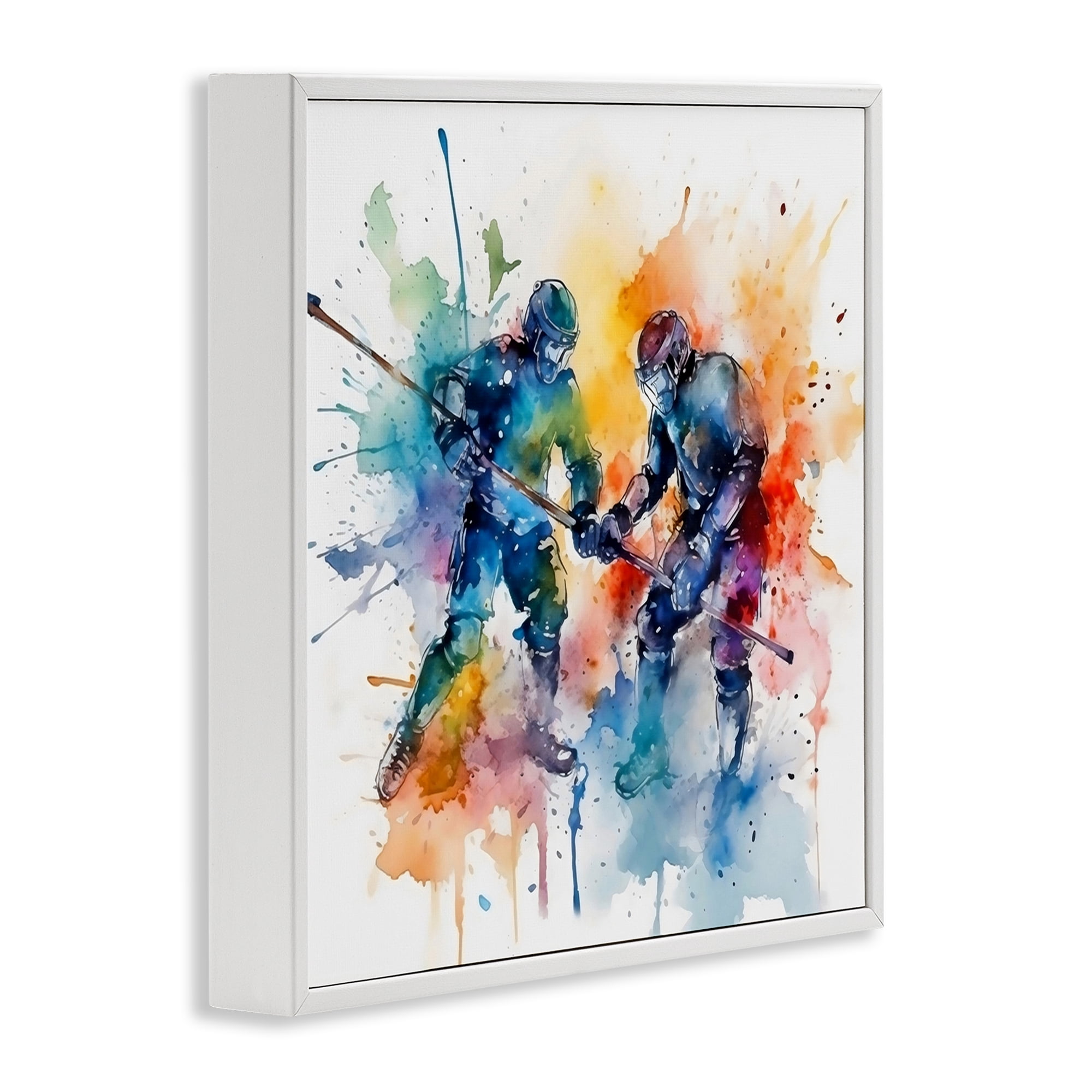 Stupell Industries Watercolor Hockey Faceoff White Framed Giclee Art, design by Creative Studio