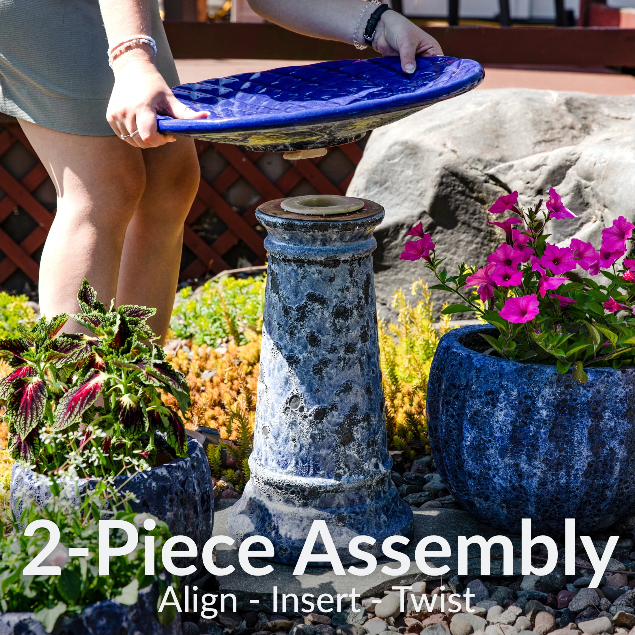 Sunnydaze Rennes Freestanding Ceramic Outdoor Bird Bath, UV-Resistant Blue Lava Finish
