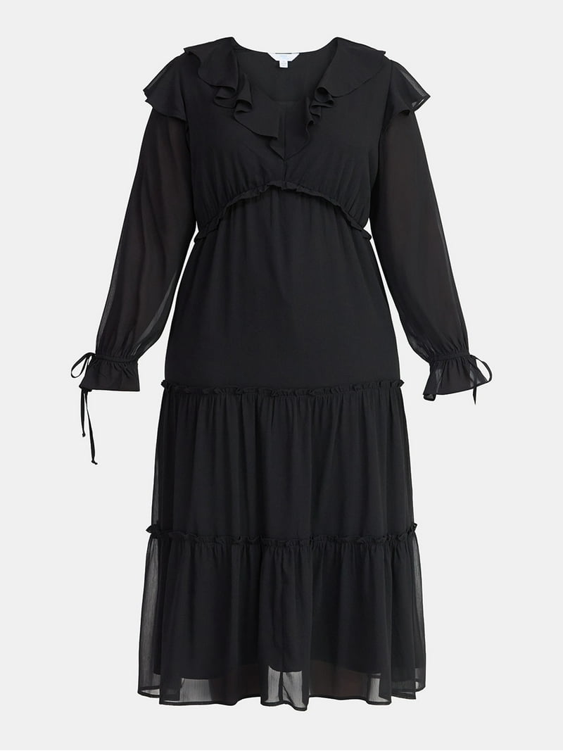 Time and Tru Women's and Women's Plus Ruffle Tiered Midi Dress with Long Sleeves, Sizes XS-4X - Walmart.com Time and Tru Women's and Women's Plus Ruffle Tiered Midi Dress with Long Sleeves, Sizes XS-4X - Walmart.com
