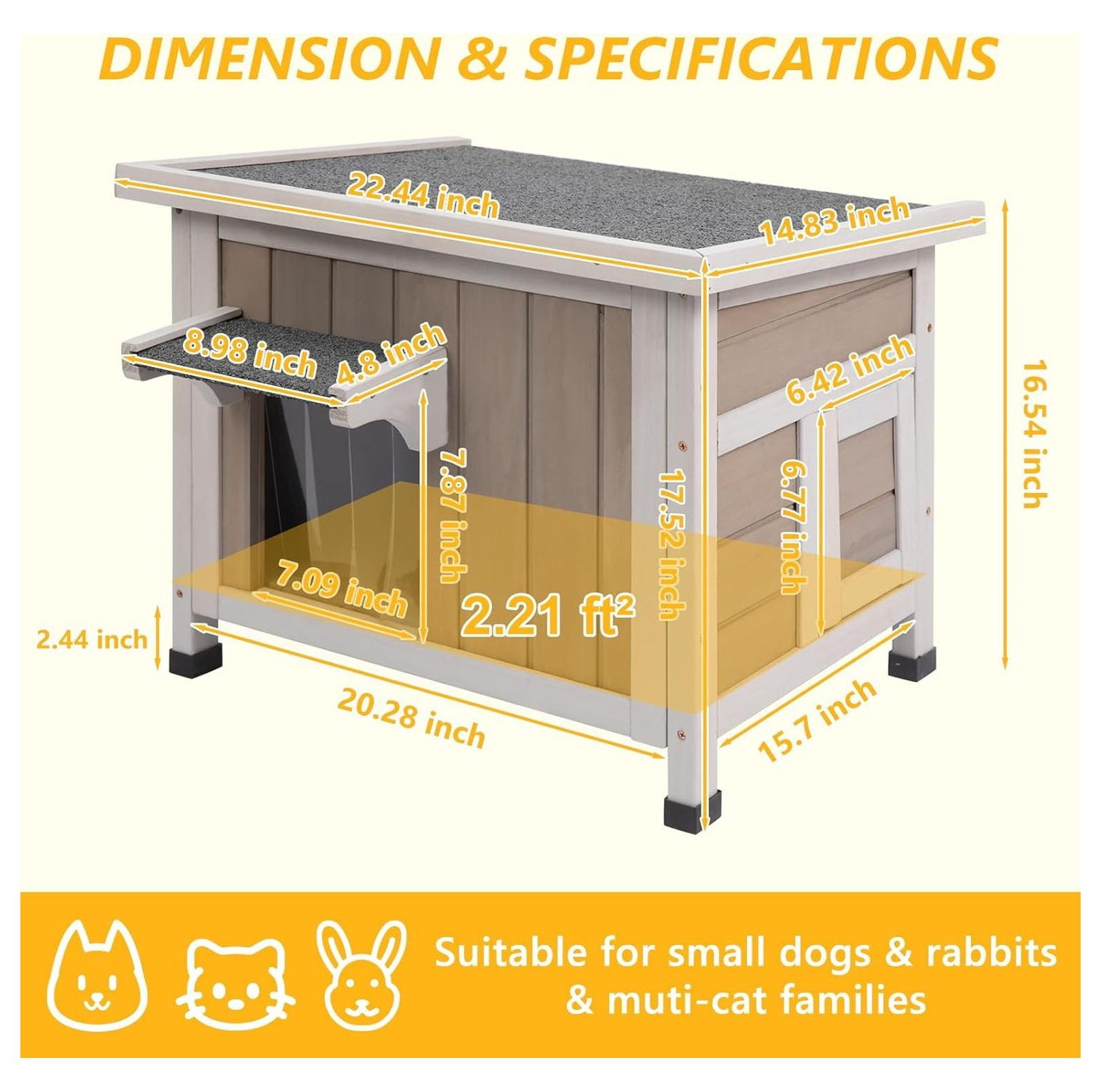 Insulated Cat House Outdoor, 22.44" Weatherproof Feral Cat Shelter, Winter Cat Enclosure with Asphalt Roof & 2 Escape Doors, Small Cats, Grey