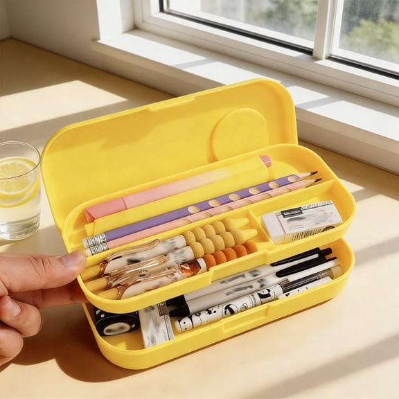 FEOLGEHLY Cute Plastic Pencil Box, Large Capacity 2-Layer Pencil Case for Office Home, Durable Stationery Organizer Box with 3D Animal Patches, Multifunctional Desk Storage, Yellow