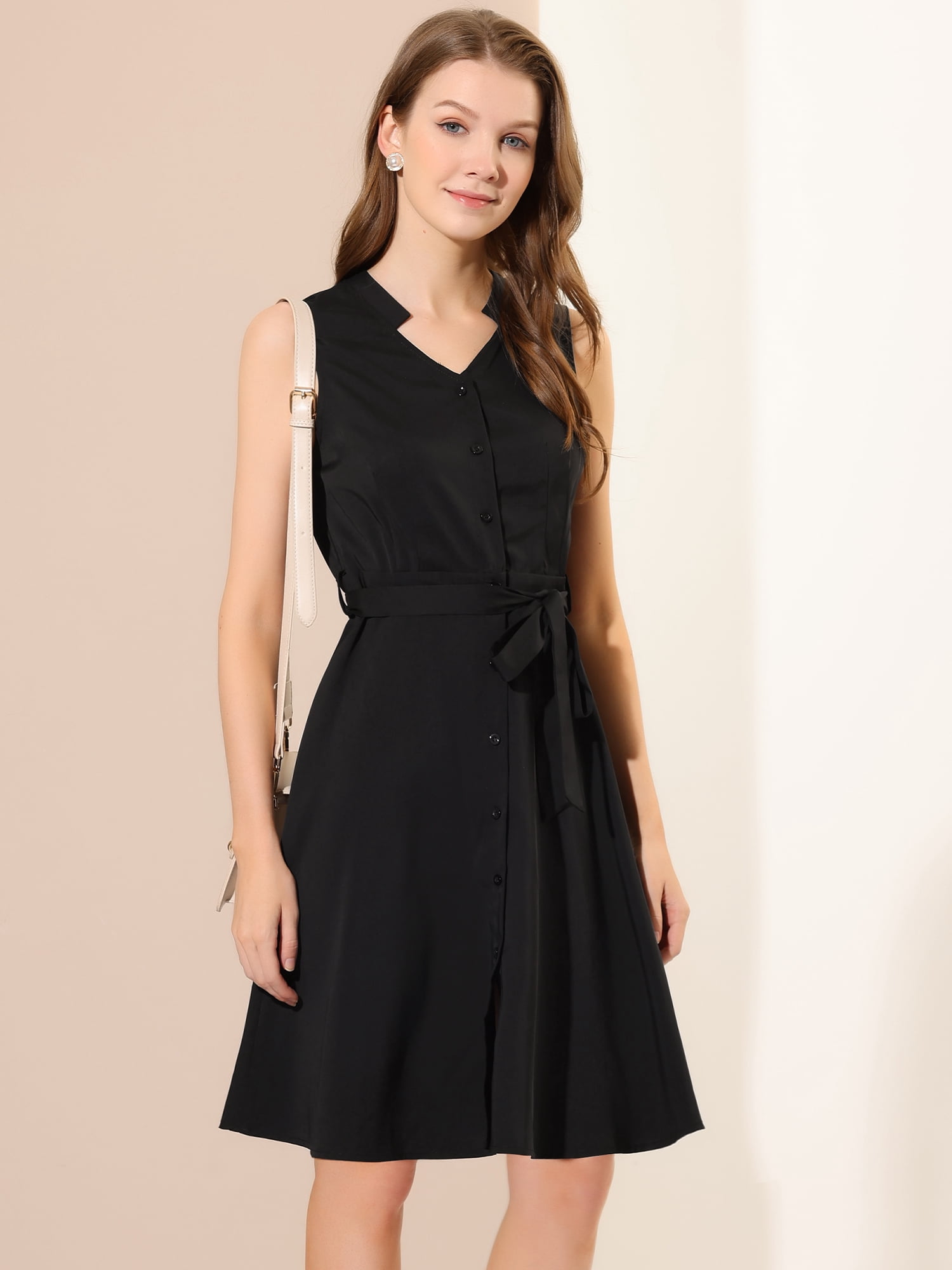 DARING DIVA Women's Sleeveless Shirtdress Belted V Neck Button Down Dress M Black