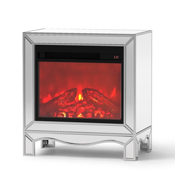 Mirrored Side End Table Nightstand with Adjustable Heat Electric Fireplace Heater,Firebox with 7 Colors 3D Realistic Flame(Silver)