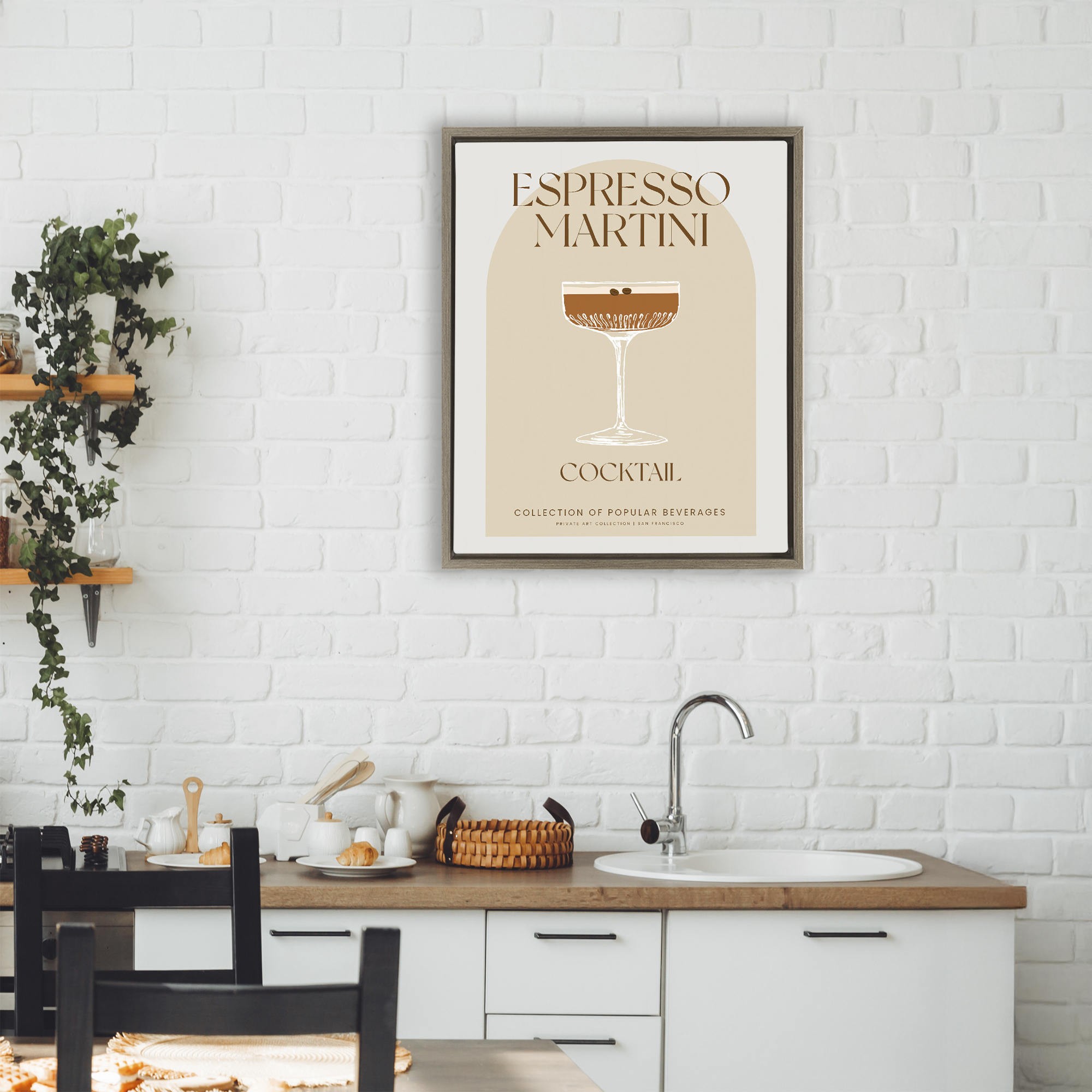 Stylish Retro Espresso Martini Brown Framed Floater Canvas Wall Art, design by Lil' Rue