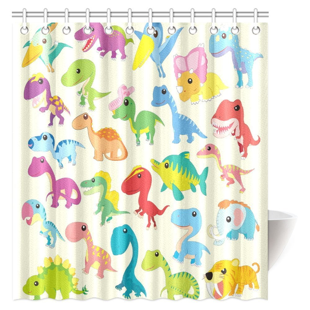 MYPOP Dinosaur Shower Curtain, Adorable Cartoon Dinosaur Wild Creature for Children Kids Fabric Bathroom Decor Set with Hooks, 66 X 72 Inches