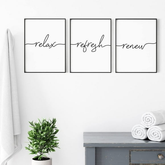 Wall Art Canvas 3 Piece Relax Refresh Renew Poster Prints Painting Modular Wash Quote Pictures Framed Artwork for Bathroom Decoration with Inner Frame