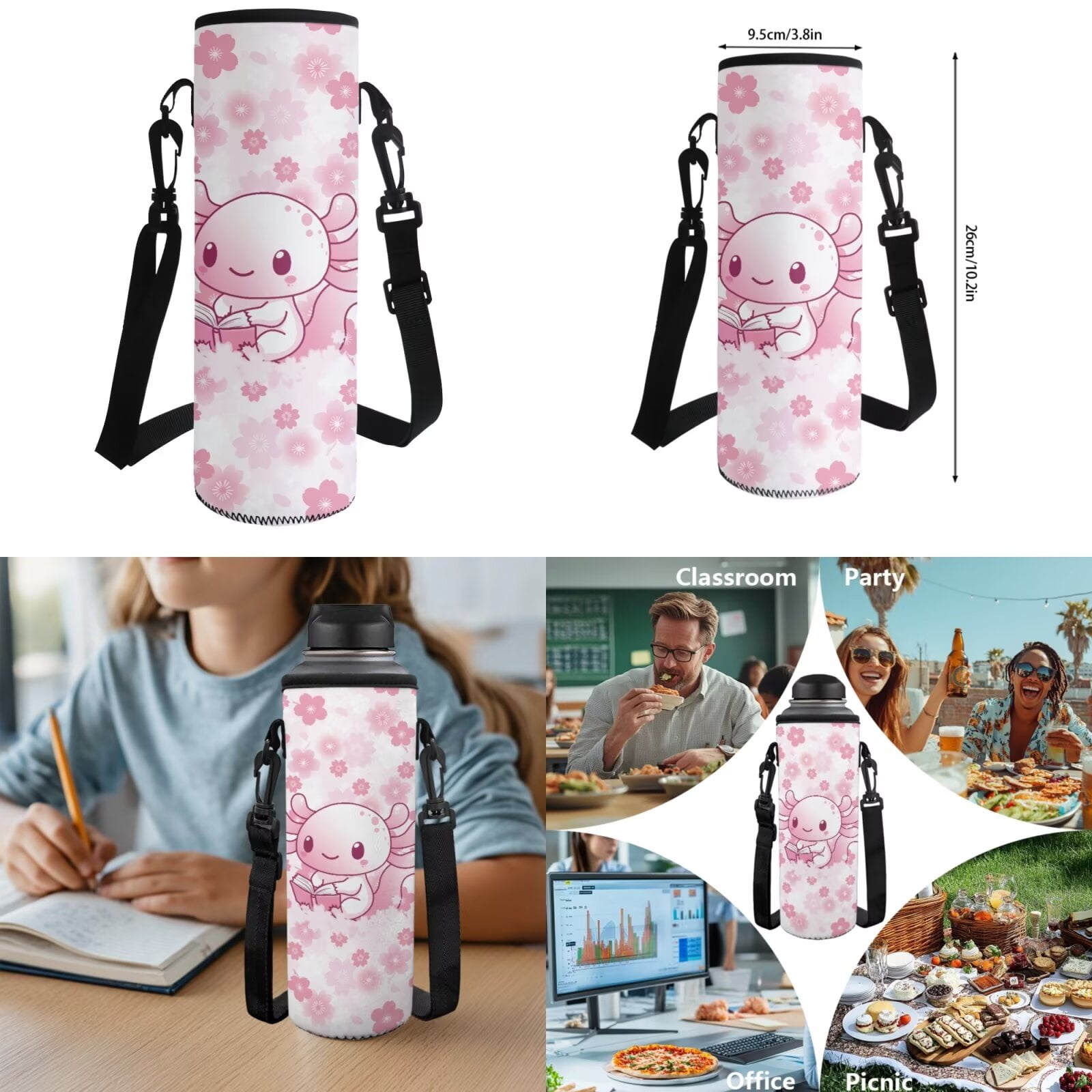 XYZCANDO Axolotl Kids Backpack Set for Girls 4Pcs with Lunch Bag Pencil Case Water Bottle Carrier Fashion Cherry Blossom Bookbag for Teens Girls Middle School
