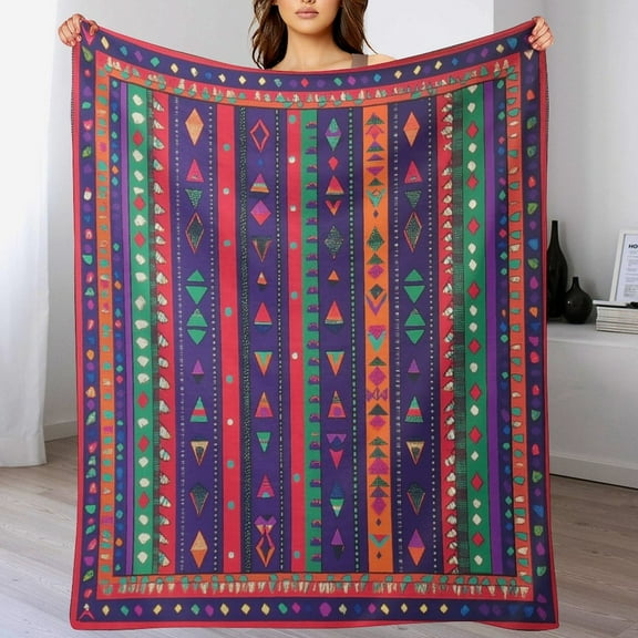 Boho Red And Green Geometric Patterns Flannel Blanket for Bed 50"x60" Boho Ethnic Blanket Soft Warm Plush Throws for Bed Sofa Couch Throw Blanket for Women Men