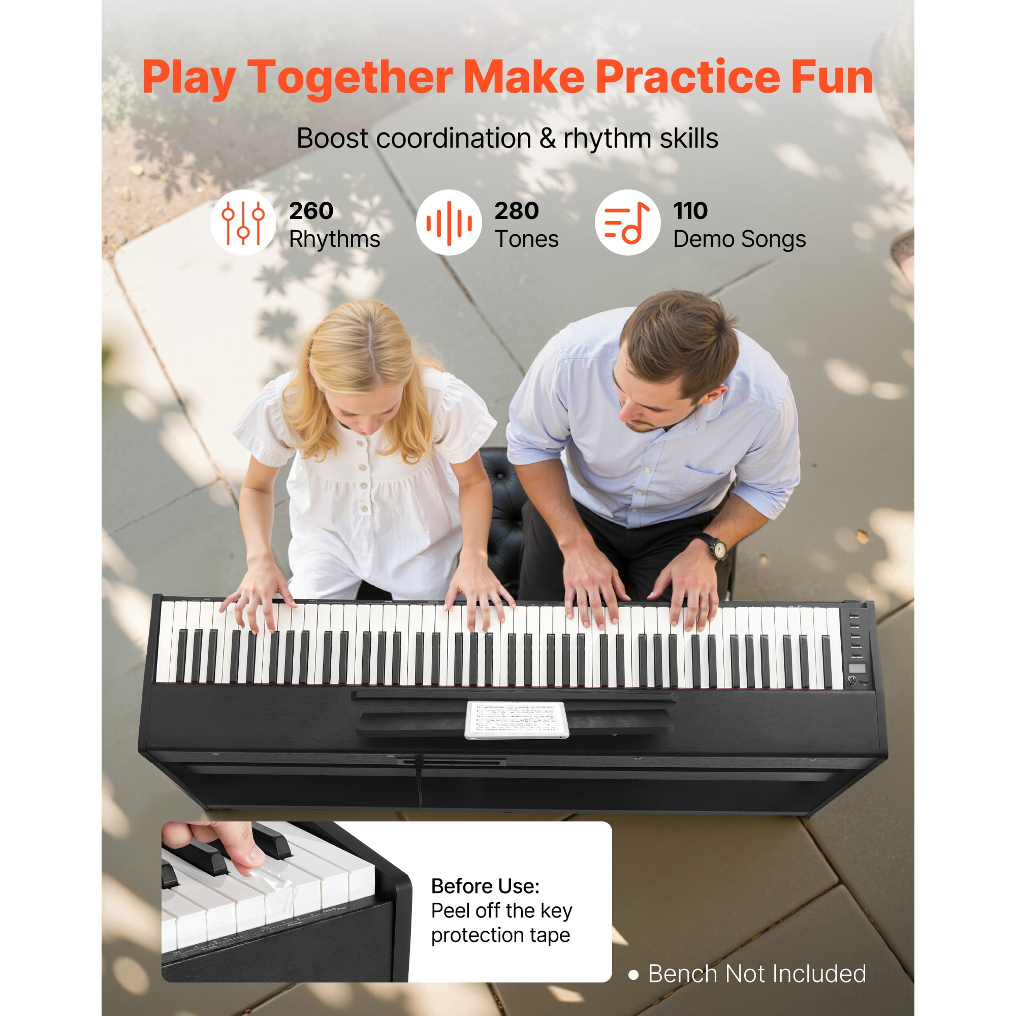 KFFKFF 88-Key Fully Weighted Digital Piano with Stand, Power Adapter, Triple Pedal, Recording Feature, 280 Tones, Wireless Connectivity, Ideal for Beginners, Black
