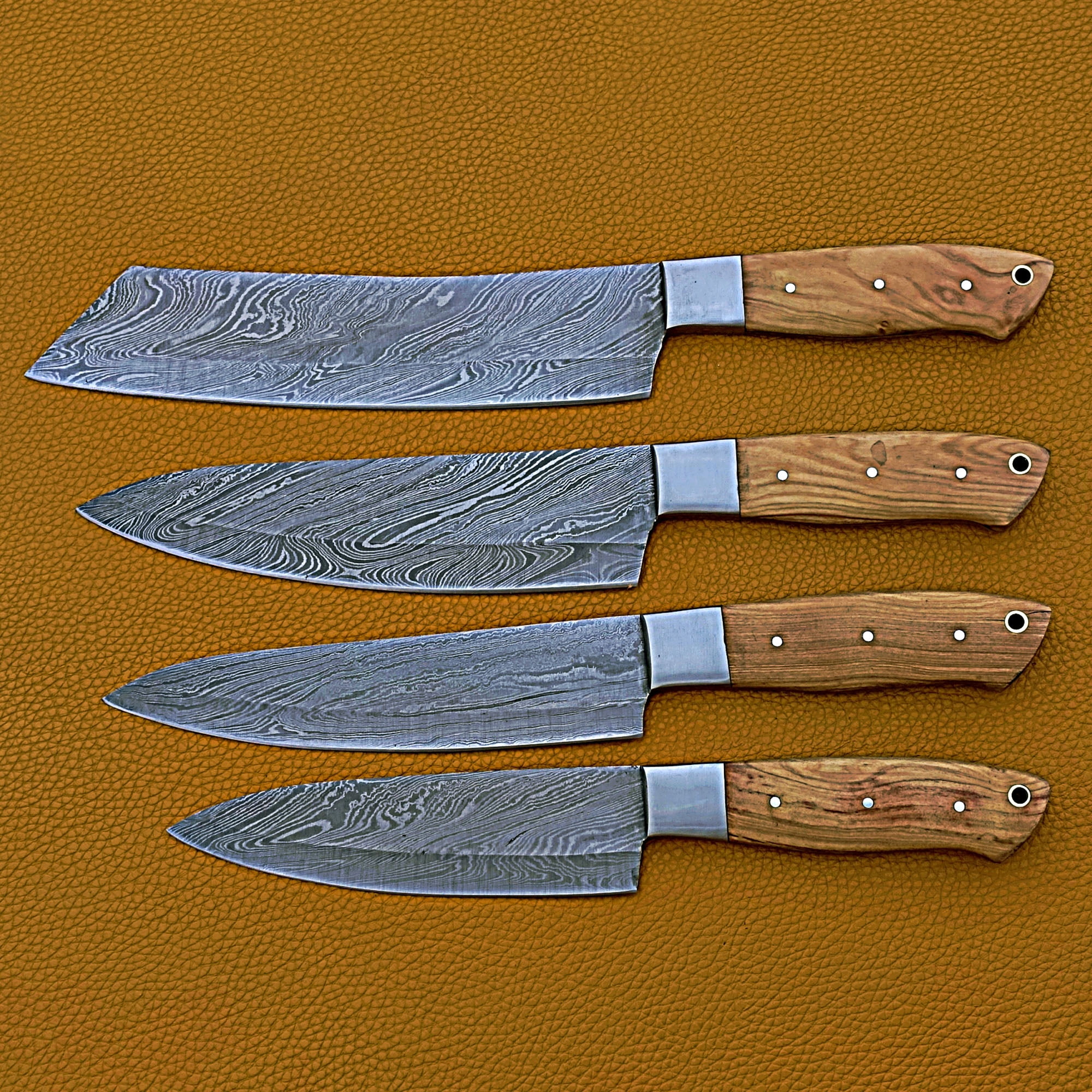 Smart & Sharp Custom Handmade Damascus Chef Knives Set/Kitchen Knives 4 Pieces Set 17408 (Olive Wood)