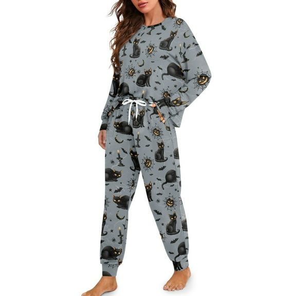 Tutoliy Halloween Pjs Sets for Women Cat Bat Printed Pajamas Pants Long Sleeve Sleepwear Spider Web Printed Loungewear for Home, XL