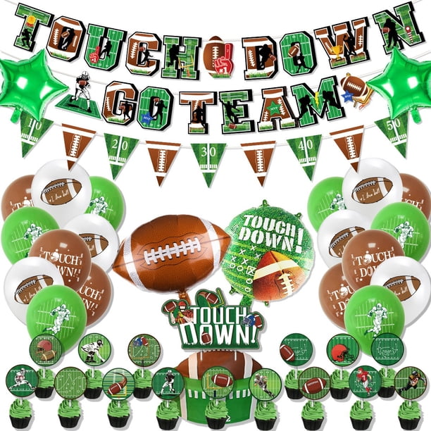 Decoraciones para fiestas Decoraciones de fútbol para cumpleaños Set de artículos para fiestas deportivas (set de banderas de cumpleaños, globos de aluminio, adornos para tartas, globos)