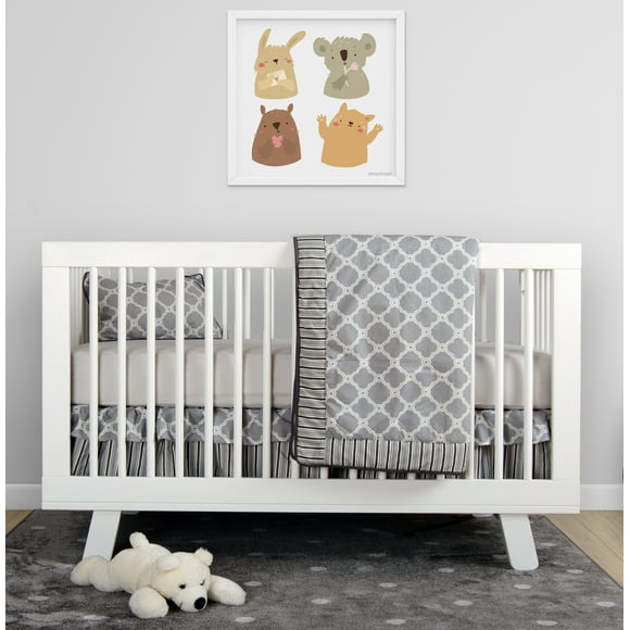 BabyFad Clover Grey 9 Piece Baby Crib Bedding Set with Musical Mobile – Modern Quatrefoil Pattern, Gender Neutral, 100% Cotton, Nursery Decor