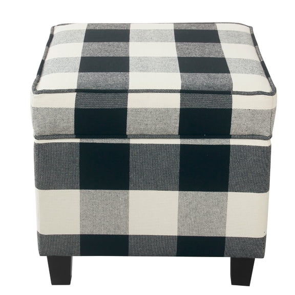 Benjara Pyp Square Storage Ottoman- 18" Black Plaid Cotton- Ebony Legs