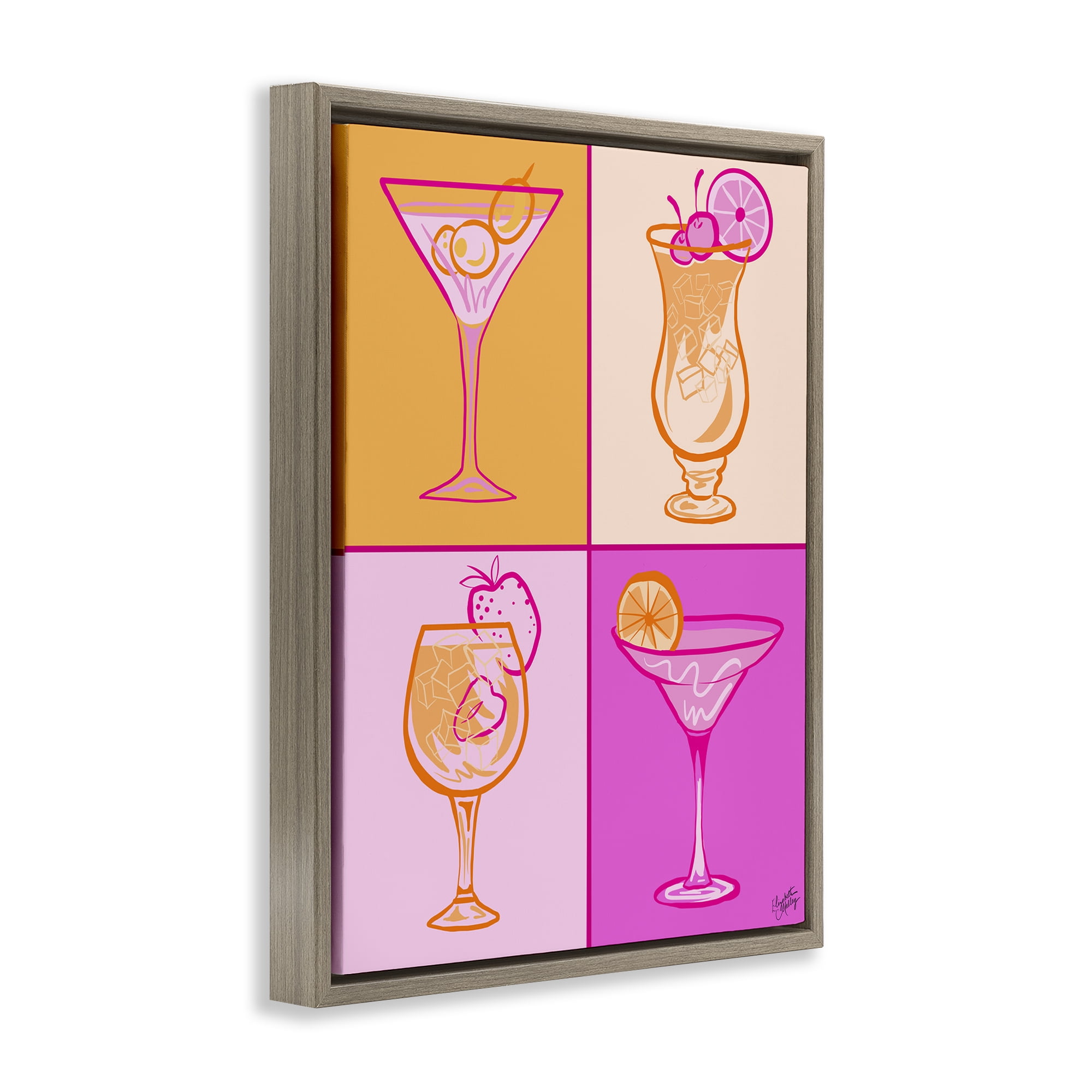 Stupell Industries Pink & Orange Cocktails Food & Beverage Painting Brown Floater Framed Canvas Art Print Wall Art, 17 x 21