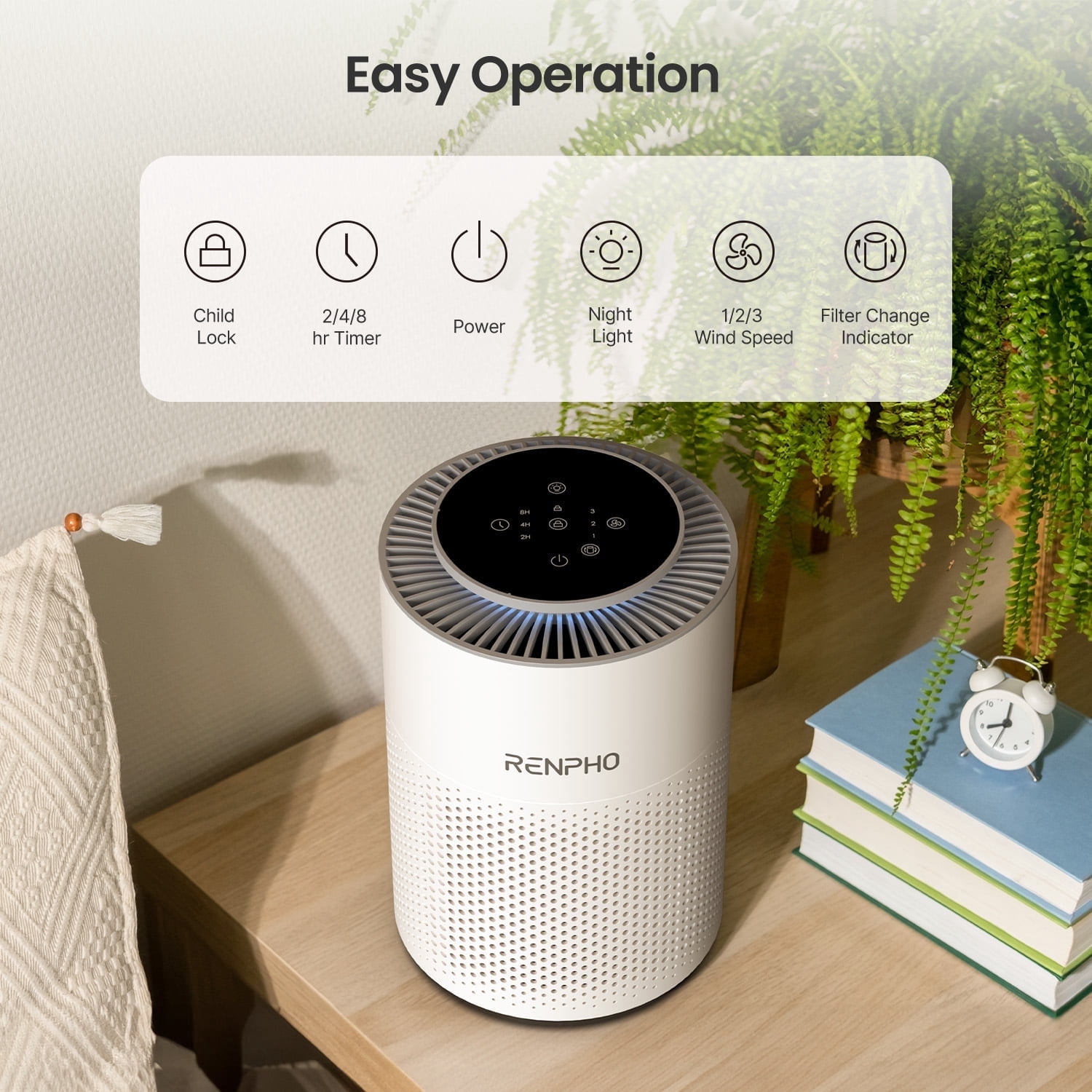 RENPHO Home Air Purifier for Allergy and Asthma up to 360 Sq.ft, HEPA Filter Air Purifier for Bedroom with 7-color Night Light, Remove 99.95% Odors, Smoke, Dust, Pollen, White