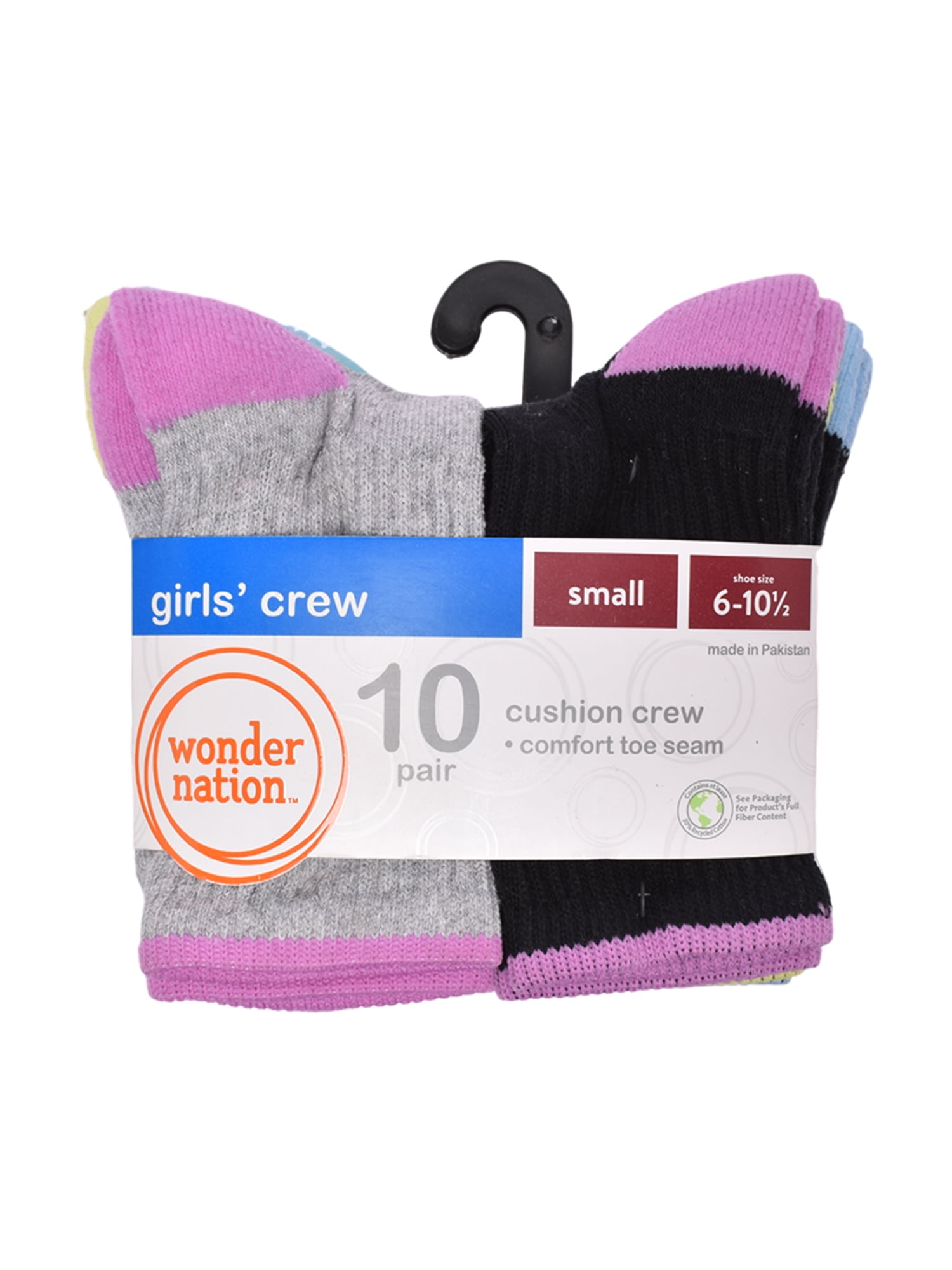 Wonder Nation Girls Cushioned Crew Socks, 10-Pack, Sizes S (6-10.5) - L (4-10)
