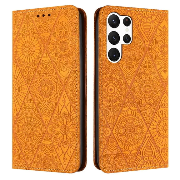 Decase Wallet Case for Galaxy S23 Ultra Case,Premium Embossed Sunflower Magnetic Closure Folio Flip Case with Card Slots Stand & Wristband Strap Compatible for Samsung Galaxy S23 Ultra,Yellow