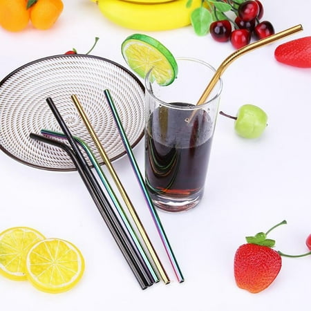 TKOOFN 4PCS/Lot Colorful Reusable Stainless Steel Drinking Straws Straight and Bent Straws DIY Tea Coffee Tools Party Bar Accessories Metal Drinking Straw