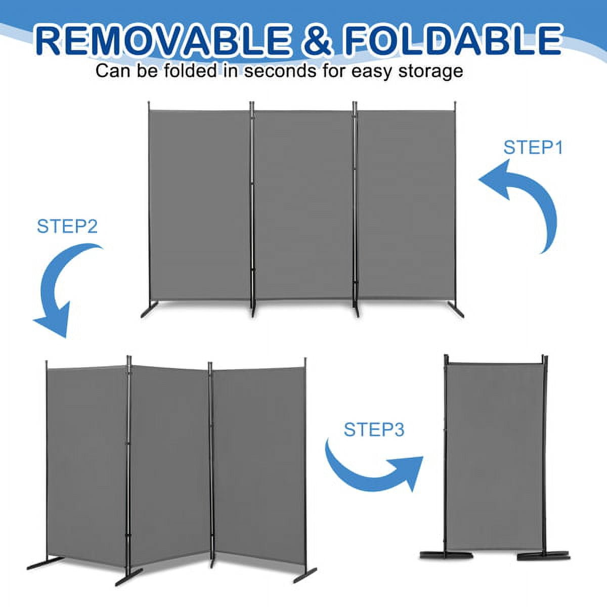 Alvantor 6 ft 3-Panel Room Divider, 102.8 in Wide Foldable Polyester Fabric with Carbon Steel Frame, Gray