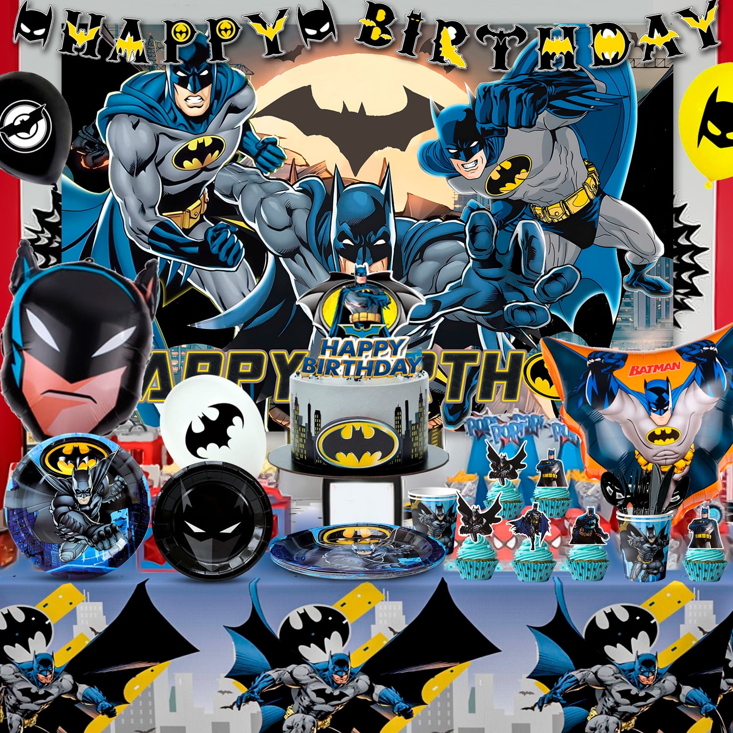Batman Party Decorations,Batman Birthday Decorations & Batman Party Tableware Set- Batman Decorations Balloons Banner & Batman Tablecloth Plates Cups Napkins etc Batman Birthday Party Supplies
