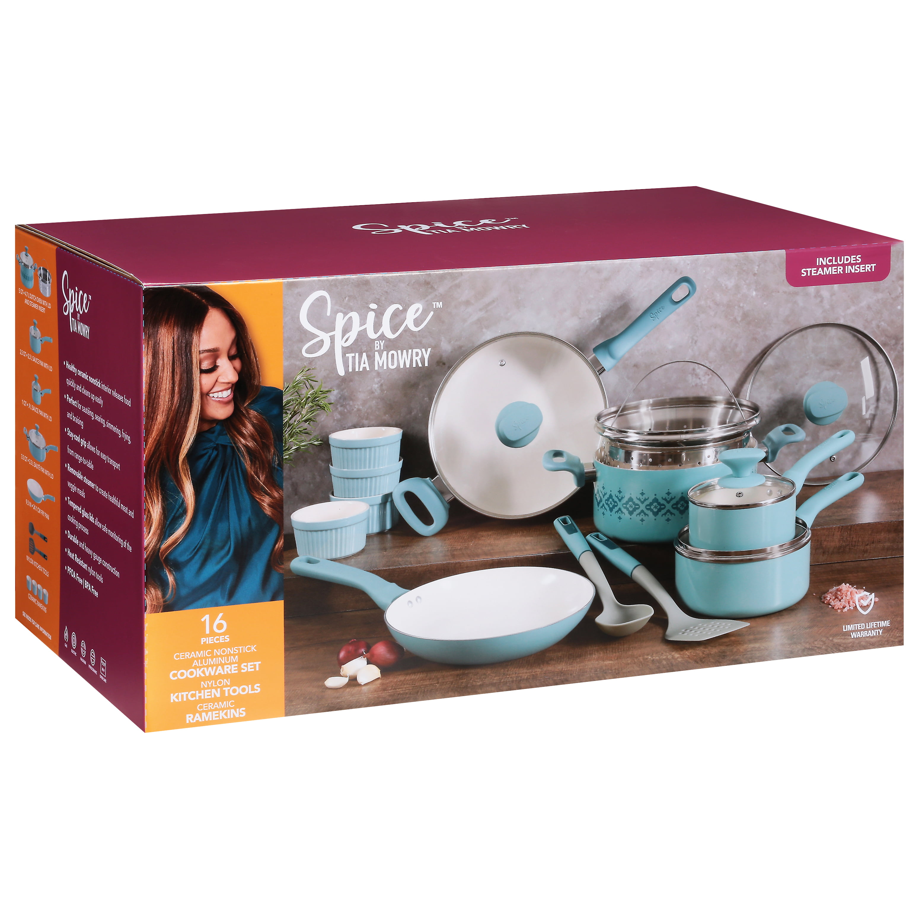 Spice by Tia Mowry Savory Saffron 7-Piece Healthy Nonstick Ceramic Cookware  Set - Aqua Blue