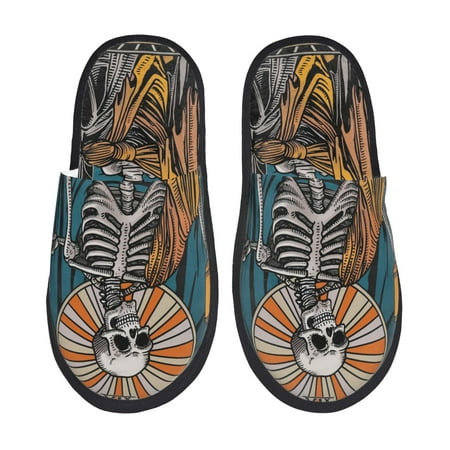 Balery Coffee-Drinking Skull Slient Indoor Furry Fleece Comfort House Shoes Soft Non-Slip Home Shoes Cotton slippers House Slippers-- Large