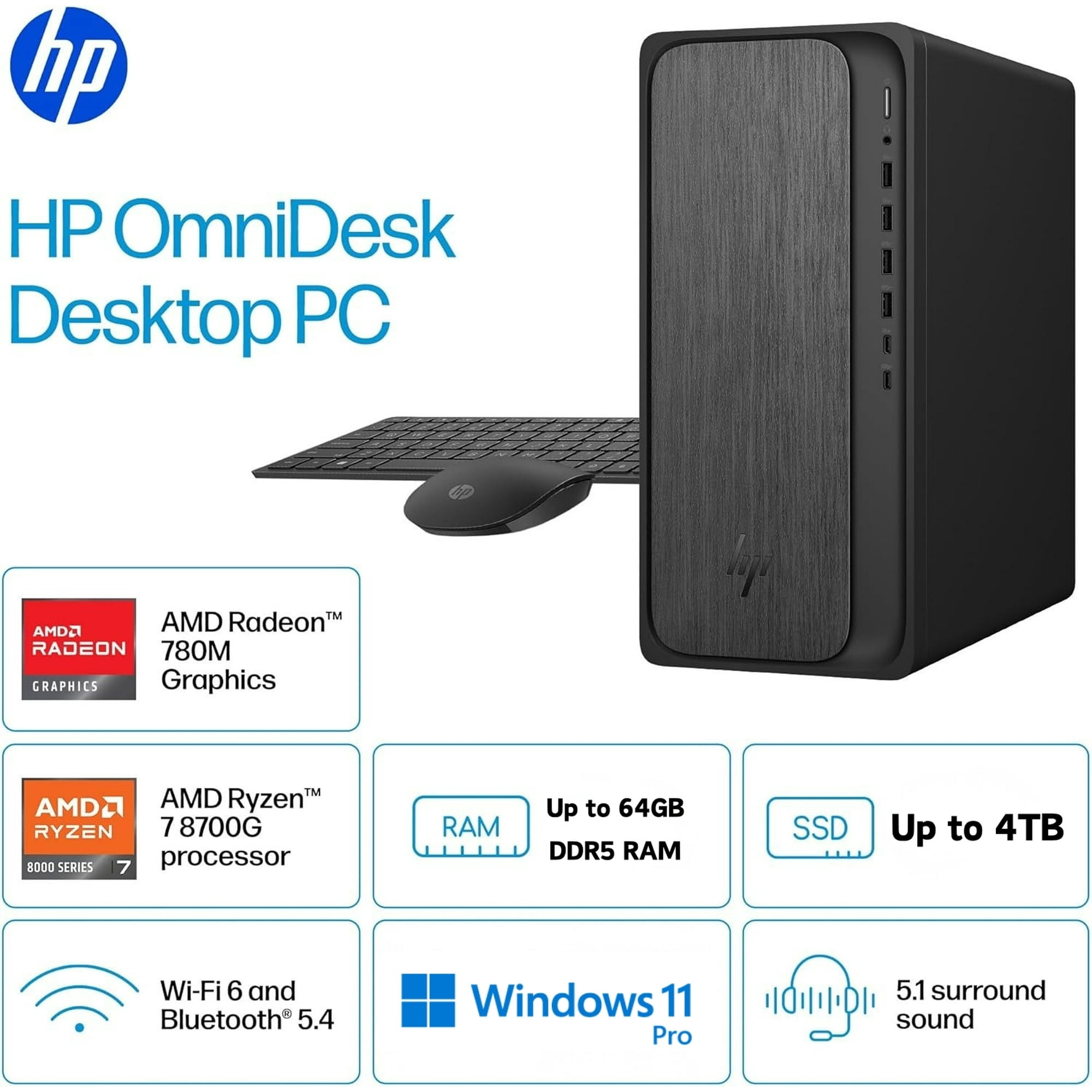 HP OmniDesk Desktop PC, AMD Ryzen 7 8700G, 32 GB RAM, 2 TB SSD