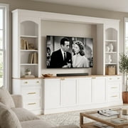 Farmhouse Arched Entertainment Center Wall Unit with Bookshelves, 106" Large TV Stand with Storage Cabinets and Drawers, Retro Wood Grain Media Console for TVs Up to 70"