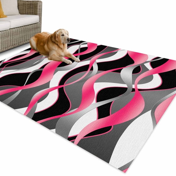 Outdoor Rug 5x8 ft Pink Black Grey Lines Waterproof Outdoor Patio Rug Mat Non Slip Outside Area Rugs Carpet for RV,Camping,Porch,Deck,Pool,Balconybackyard,Modern Abstract Stripes