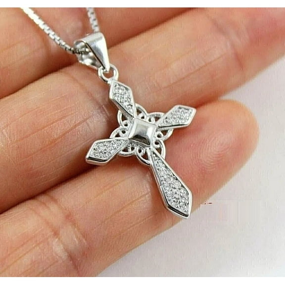 Women's Cross Pendant 2 Ct Round Cut White Moissanite 14K White Gold Plated