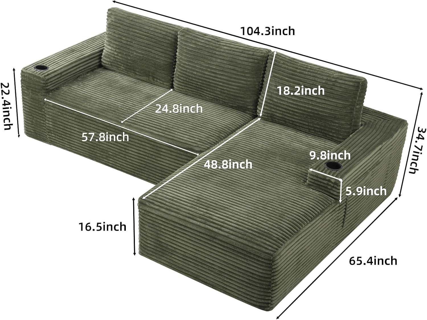 104" Cloud Modular Sectional Sofa, Corduroy Boneless L-Shape Chaise Couch with Deep Seat for Living Room Bedroom, No Assembly Required