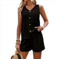 thumbnail image 2 of Conjunto Casual de 2 Piezas para Mujer, Jersey con Cuello en V y Pantalones Cortos de Cintura Alta, Chándal Transpirable de Color Sólido, Negro, Talla M, 2 of 9