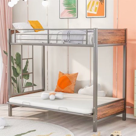 Twin Over Futon/Full Bunk Bed  Metal Bunk Bed Frame with Wooden Headboard  Twin Over Full Bunk Bed with Couch for Kids Teens  No Box Spring Required  Gray