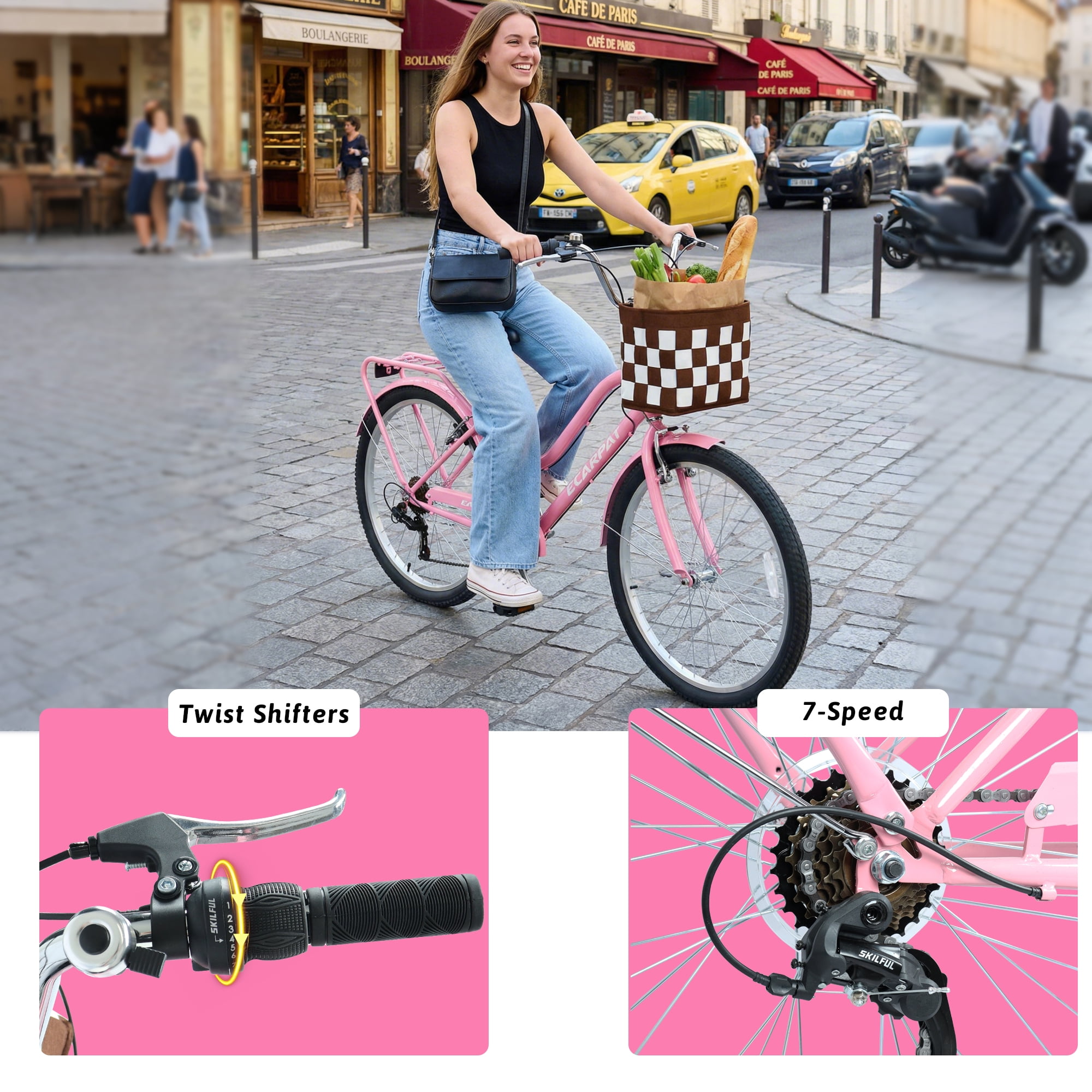 Raistyw 26" Women’s Cruiser Bikes, 7-Speed Lightweight City Commuter Bicycle with V-Brakes and Detachable Basket, Fits Ages 15+ Years Old, Pink