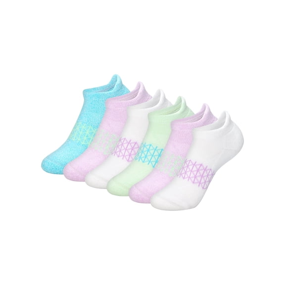 Hanes Absolute Active Girls' No Show Socks Pack, 6-Pack, Heel Shield, Extreme Cushioned Comfort Blue/Green M