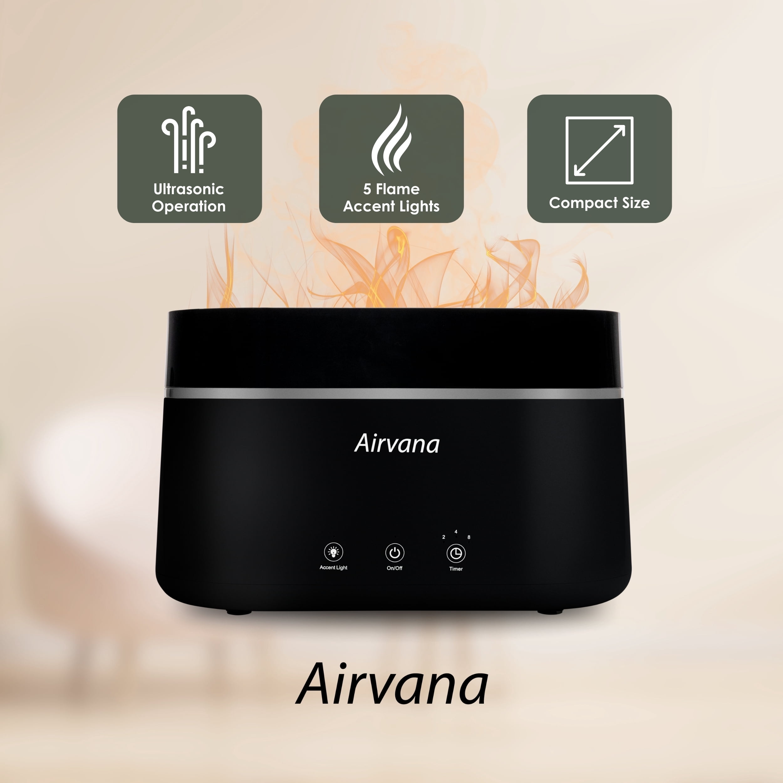 Airvana AquaFlame Ultrasonic Humidifier (.75L / .20 Gal) with Essential Oil Diffuser - Taupe