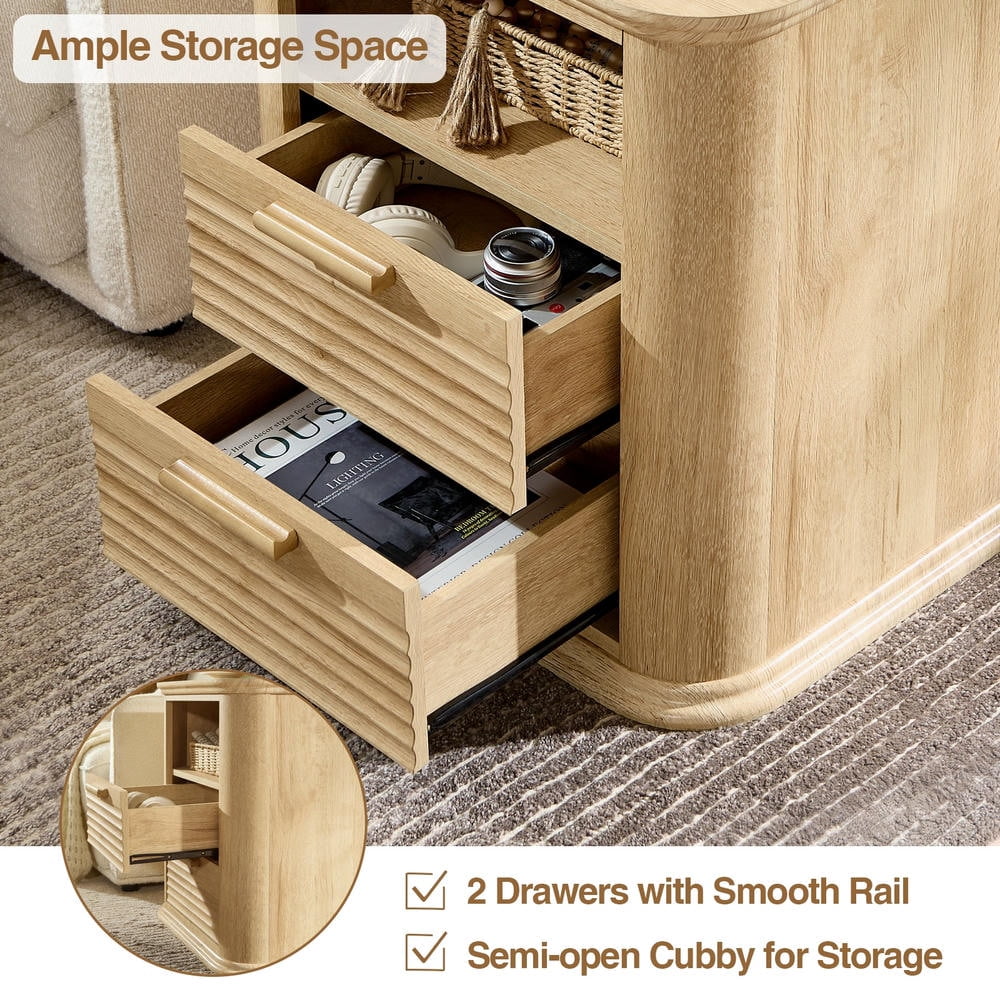 Kadyn Fluted Nightstand with Charging Station, 2 Drawer Bedside Table with Outlets USB & Type-C, Modern Curved Profile End Table/Side Table for Bedroom Living Room, Oak