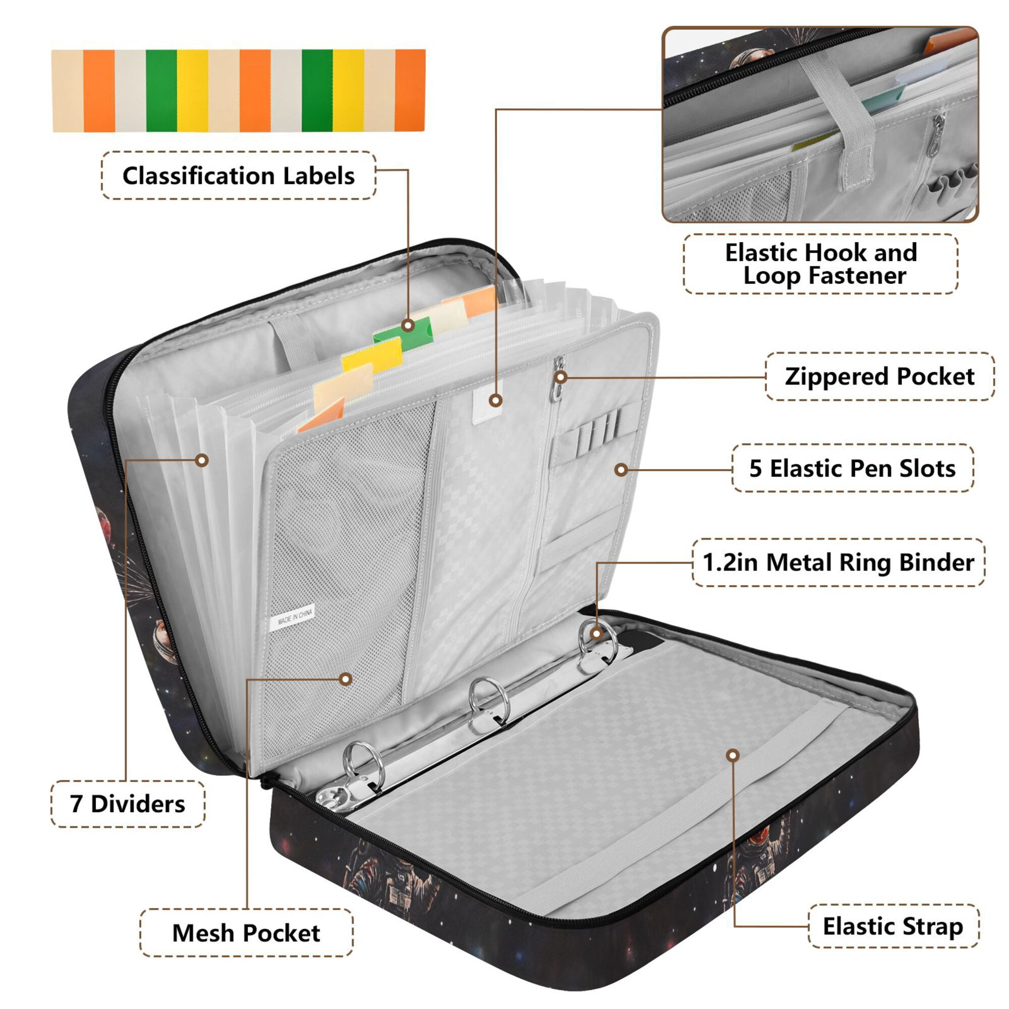 FORMRS Accordion File Folder A4 Size 7-Pocket Expanding Document Organizer Bag with 3 Ring Binder, Black Watercolor Space