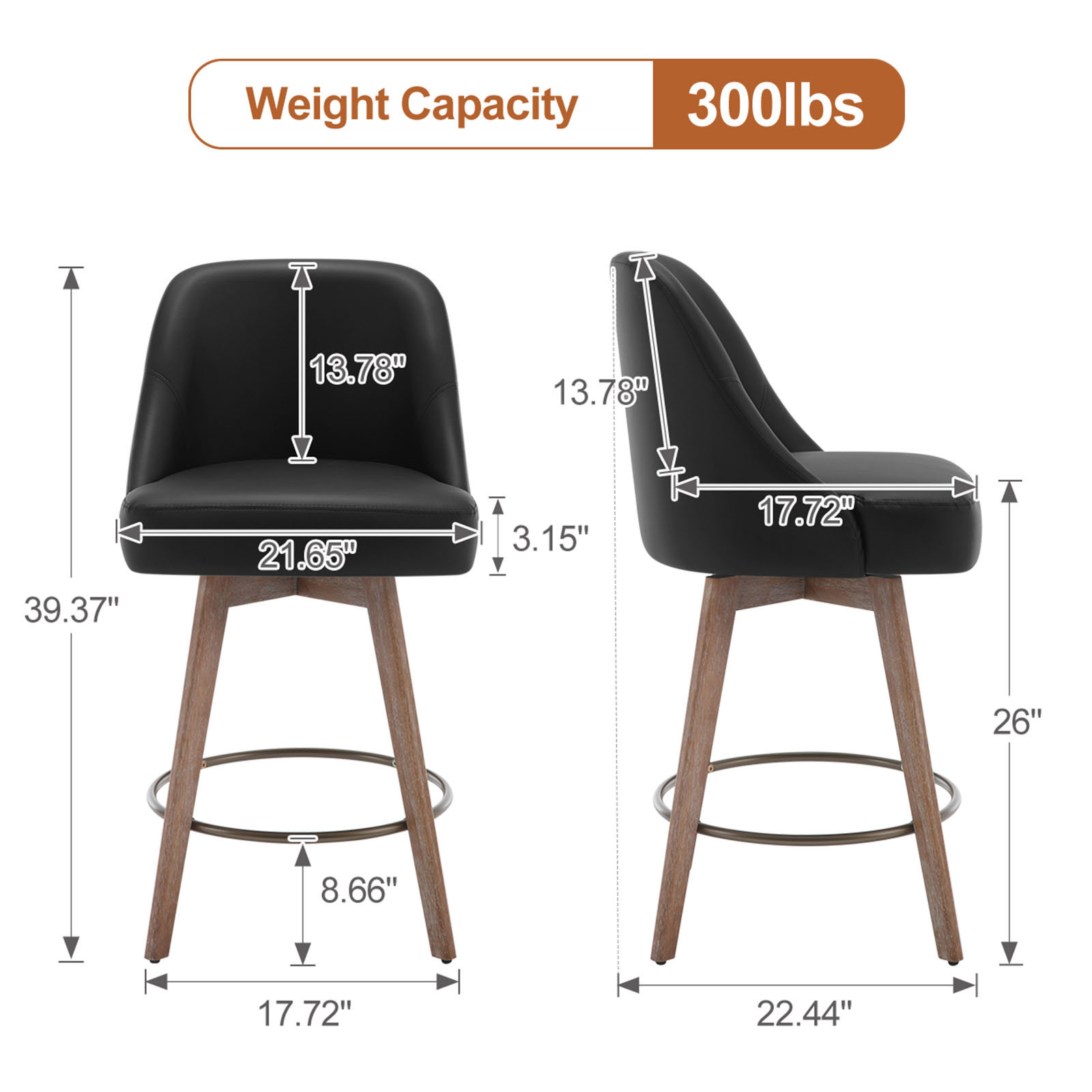 Foreate Swivel PU Bar Stools Set of 1, 26" Counter Height, Uholstered Leather with Mid-Back & Wood Legs, Modern Chair Island Stool for Kitchen Pub, Black