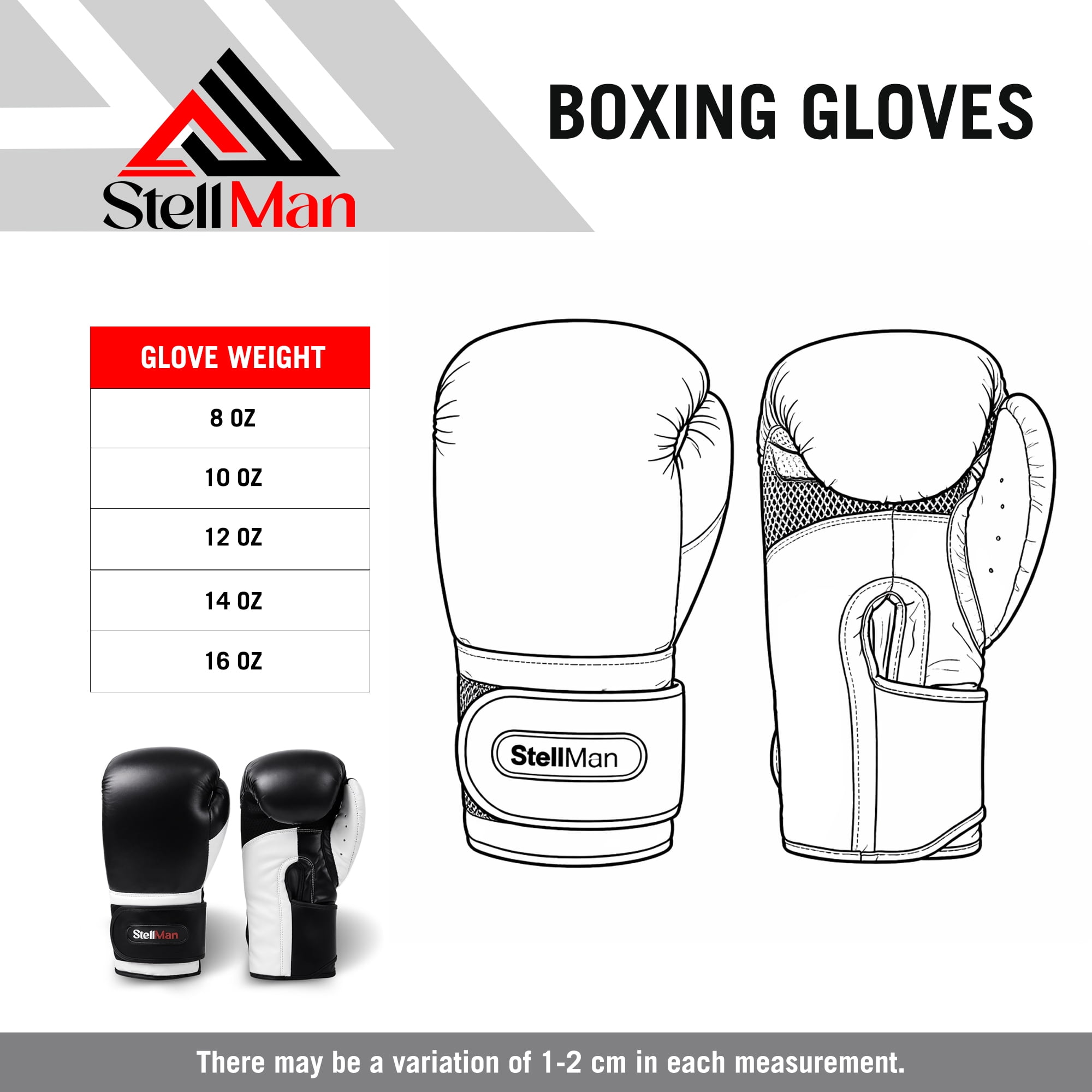 StellMan Boxing Gloves Muay Thai MMA Kickboxing Pro Training Sparring Adult Men Women OZ 8 10 12 14 16 Fit Hook and Loop Closure Ventilation Wrist (10 OZ)