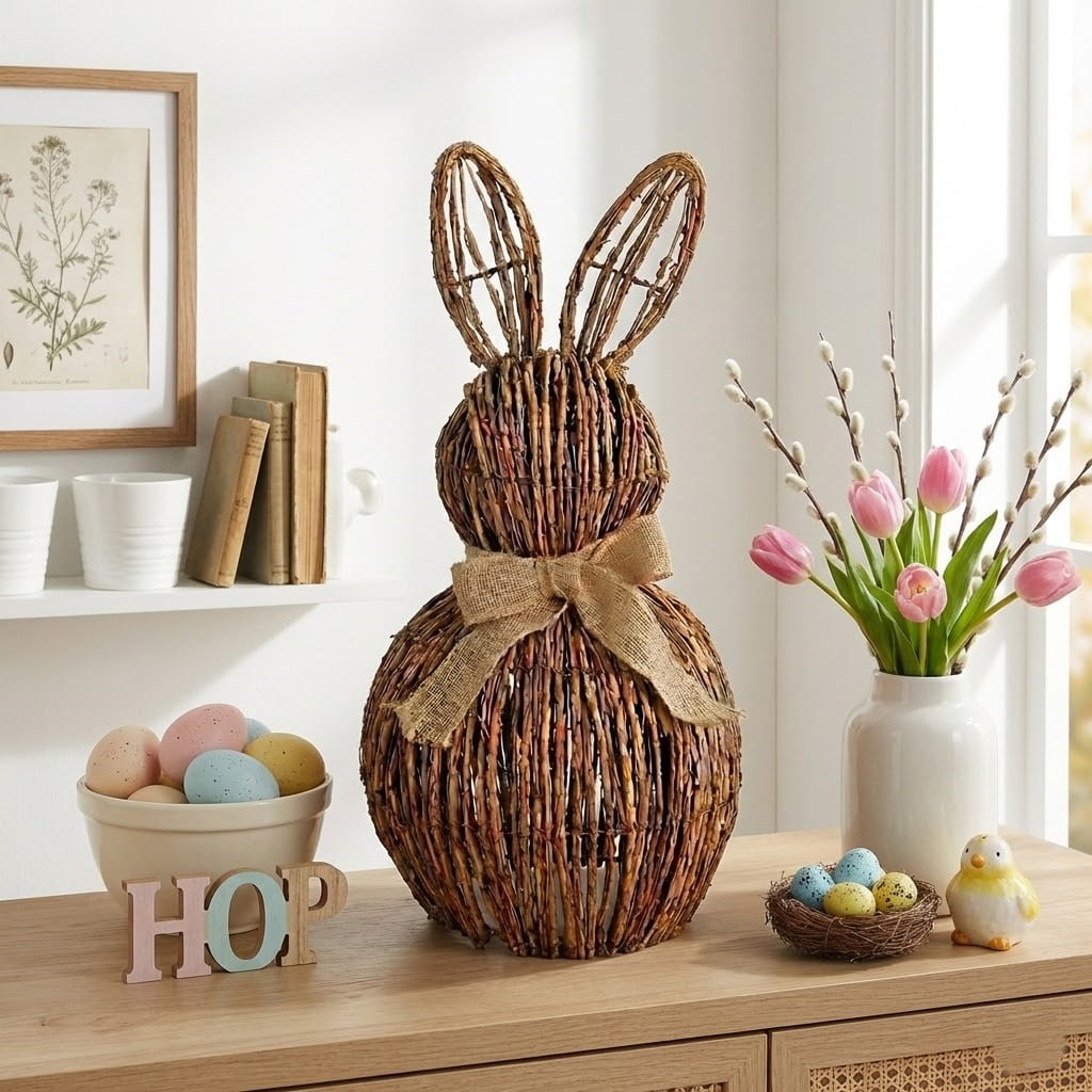 20" Easter Natural Wicker Bunny Statue - Rustic Easter Decor & Farmhouse Spring Porch Accent - Hand-Woven Vine Rabbit Figure with Burlap Bow - Vintage Rattan Wood Animal for Home, Garden & Party