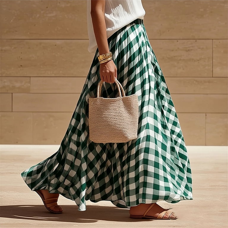 Dpjklzsn Women's Gingham Maxi Skirt, High Waisted Flowy A-Line