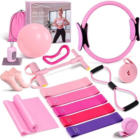Pilates Essentials Kit for Women 15 Pcs Pilates Starter Set Equipment for Home Workouts with Yoga Ring, 5 Resistance Bands,Pedal Puller & Anti-Slip Socks for Beginners