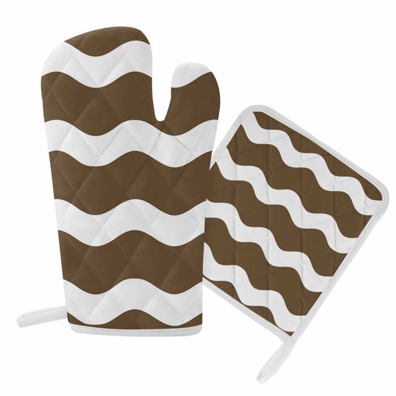 Oven Mitts and Pot Holder Set for Kitchen, Brown and White Stripes Kitchen Oven Gloves Heat Resistance Non-Slip Surface Potholders Sea Wave Hot Pads Sets for Cooking Baking Grilling BBQ