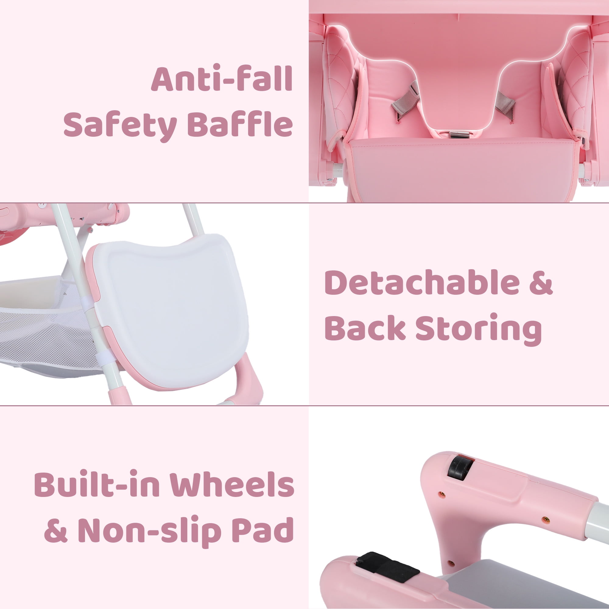 AILEEKISS Foldable Baby High Chair with Wheels, Adjustable Recline Toddler Eating Chair, Pink