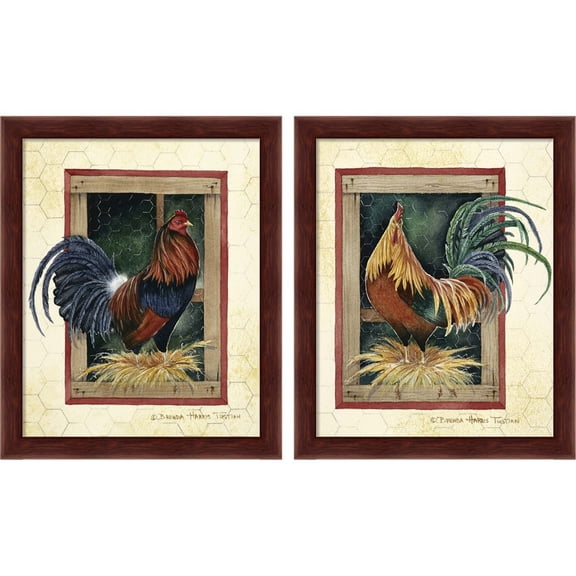 Great Art Now Blue & Green Rooster by Brenda Tustian, 2 Piece Framed Art Set Each 9.25"W x 11.25"H
