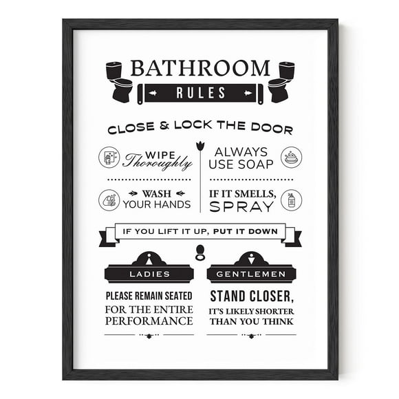 Haus and Hues Funny Bathroom Decor & Bathroom Signs - Funny Bathroom Wall Art & Bathroom Decor Signs Funny Bathroom Signs Funny Bathroom Art Toilet Rules Wall Decor (Black Frame 12x16)