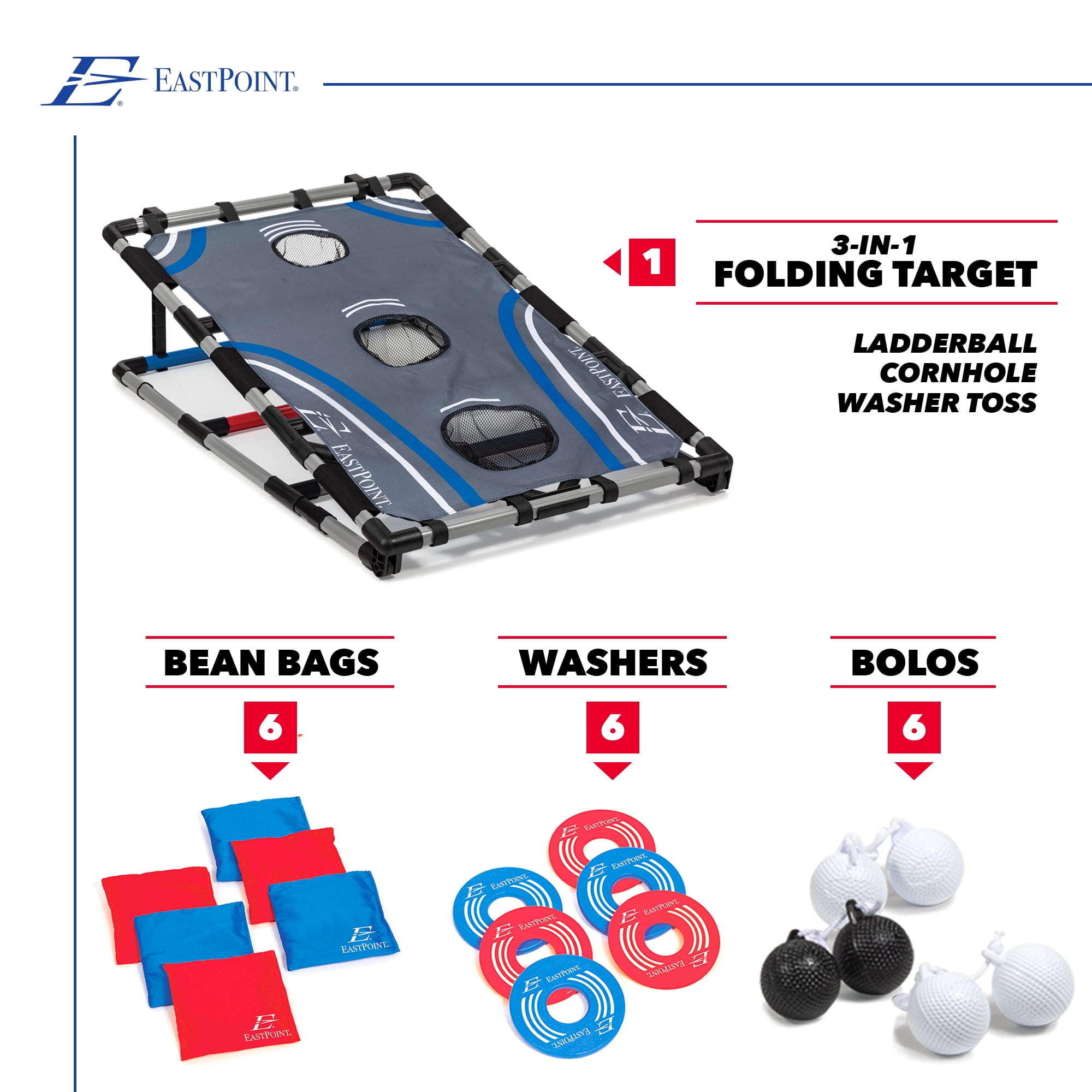 EastPoint Sports 3-in-1 Tailgate Game Set - Cornhole, Ladderball, Washer Toss