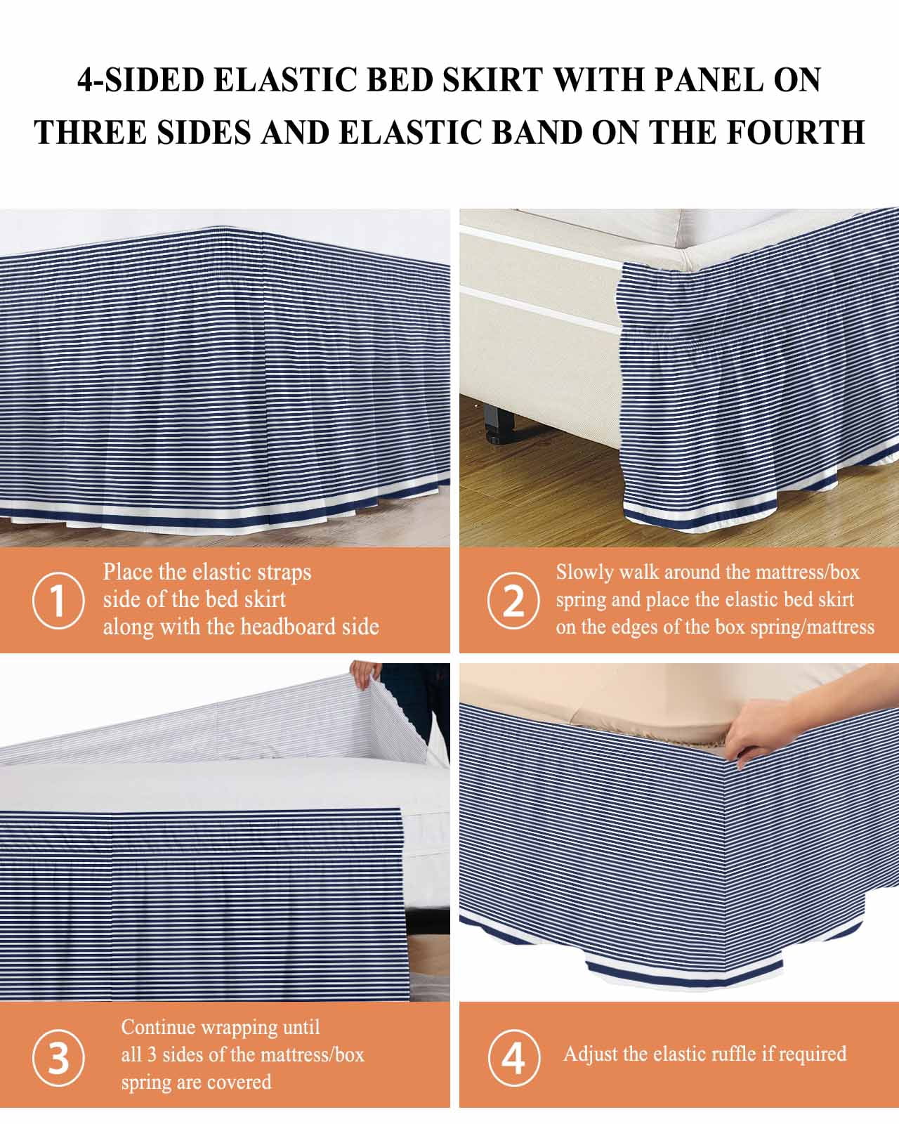 Farmhouse Navy Blue White Striped Bed Skirt King Size, Modern Stripes Wrap Around Bed Skirting with Adjustable Elastic Strap, Dust Ruffle Pleated Bedskirts 16 Inch Drop for Bedroom King Beds